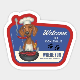 Funny Doxie Dog grilling a hot dog. Sticker